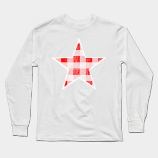 Distressed Red and White Buffalo Plaid Star Long Sleeve T-Shirt